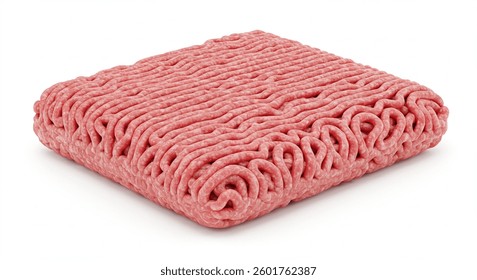 A closeup shot of a raw, rectangular patty of ground beef, showing its texture and color. The meat is pinkishred and appears fresh. Its isolated on a white background.