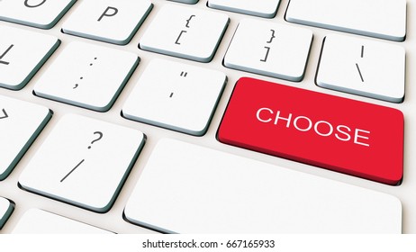 Close-up shot of white computer keyboard and red choose key. Conceptual 3D rendering