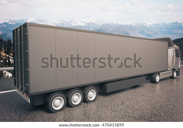 Closeup and side view of empty\
black truck trailer on landscape background. Mock up, 3D\
Rendering