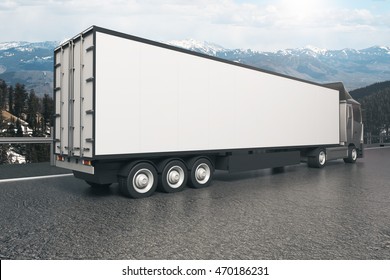 Closeup And Side View Of Empty White Truck Trailer On Landscape Background. Mock Up, 3D Rendering