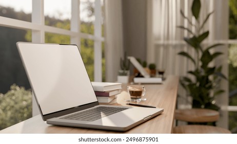 A close-up side view image of a laptop computer, books, and a coffee cup on a wooden table against the window in a contemporary minimalist cafe. coffee shop seating area, 3d render, 3d illustration