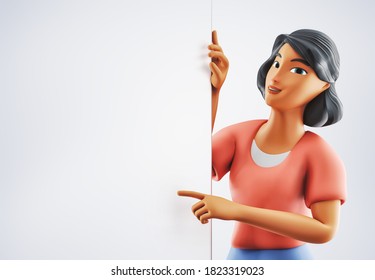 Close-up of a smiling woman pointing at empty template mockup. 3d rendering