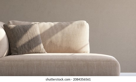 Closeup Of Soft Comfortable Beige Sofa Bed With Brown Linen Cushion. Morning Sunlight Shining In Showing Beautiful Window Frame Shadow. Background, 3D Render, Mockup, Overlay, Realistic, Chaise Lounge