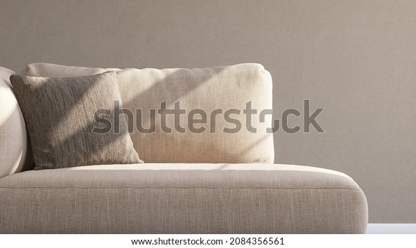Closeup of soft comfortable beige sofa bed with\
brown linen cushion. Morning sunlight shining in showing beautiful\
window frame shadow. Background, 3D render, Mockup, Overlay,\
Realistic, Chaise\
lounge