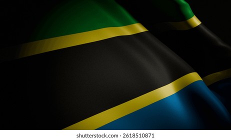 A closeup, spotlight-lit realistic 3D render of the Tanzanian flag waving, showcasing its vibrant colors and smooth, flowing motion