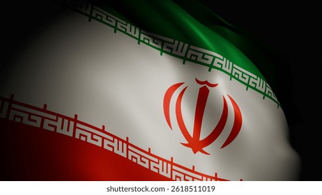A closeup, spotlight-lit realistic 3D render of the Iranian flag waving, showcasing its vibrant colors and smooth, flowing motion
