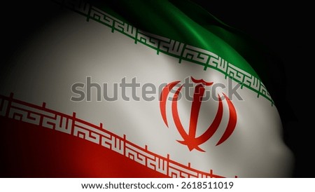 A closeup, spotlight-lit realistic 3D render of the Iranian flag waving, showcasing its vibrant colors and smooth, flowing motion