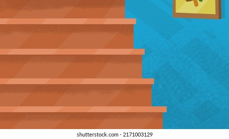 Closeup Of Stairs Going Up And Down In A Family Or Restaurant, Wall Painting, Art, Cartoon, Illustration, Background