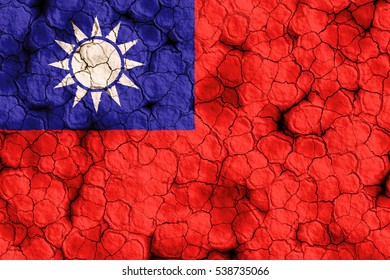 Close-up Of Taiwan (Republic Of China) Flag On A Cracked Soil, Background Texture (High-resolution 3D CG Rendering Illustration) Famine And Drought, Natural Disaster.