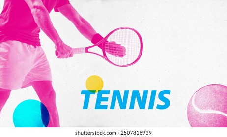 Close-up of tennis player in mid-swing, with bold color contrasts, emphasizes strength, precision, and focus in the sport. Contemporary art collage. Concept of sport, competition. Banner, ad, event - Powered by Shutterstock