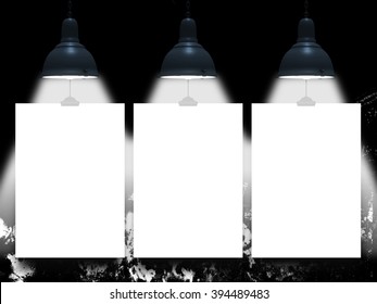 Close-up of three hanged blank frames with lamps against dark illustration abstract background