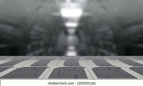 Closeup Top Sci-fi Table With Futuristic Spaceship Blur Background 3d Illustration