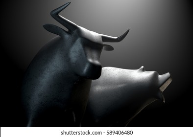 A closeup of two metal castings depicting a stylized bull alongside a bear in dramatic light representing  financial market trends on an isolated dark background - 3D render