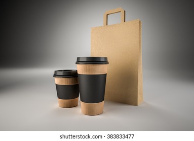 Closeup of two paper cups for coffee with black labels and paper bag. Image ready for design.