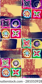 A close-up of a vibrant textile featuring a grid of colorful floral patterns