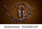 The close-up video shows a slow motion of coffee bean seed with coffee beans broken explode with a part spiral. 3D render.