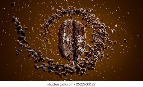 The close-up video shows a slow motion of coffee bean seed with coffee beans broken explode with a part spiral. 3D render. - Powered by Shutterstock