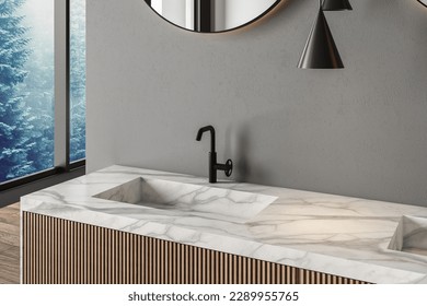 Vista de primer plano de un lavabo con encimera de mármol vacío para la presentación de accesorios y cosméticos en el baño. Este armario elegante y elegante. 3.ª representación