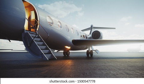 Closeup view of business jet airplane parked at outside and waiting vip persons. Luxury tourism and business travel transportation concept. 3d rendering