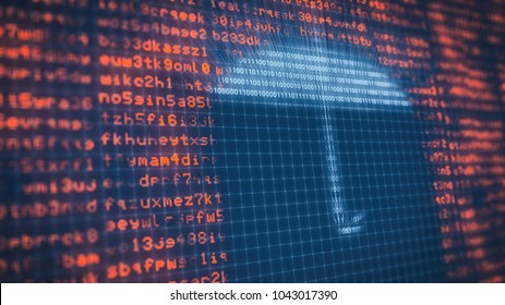 close-up view of a computer screen with random text and an umbrella made with binaries numbers, concept of computer security and protection (3d render)