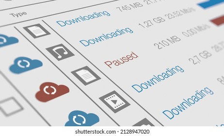 close-up view of a computer screen, software for upload and download files on the cloud, concept of cloud computing and sharing data, light theme (3d render)