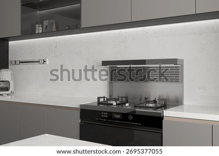 Closeup view. Cozy kitchen interior featuring textured tiles, white quartz counters, installed indexation, and soft gray color palette. 3D Rendering