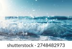A close-up view of a dynamic ocean wave crashing, with sunlight catching the water spray and creating a sparkling effect against a clear blue sky.