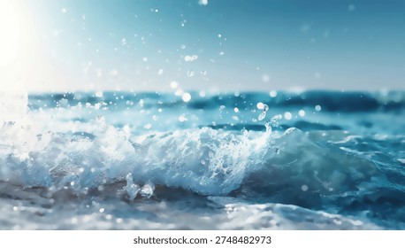 A close-up view of a dynamic ocean wave crashing, with sunlight catching the water spray and creating a sparkling effect against a clear blue sky.
