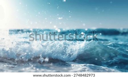 A close-up view of a dynamic ocean wave crashing, with sunlight catching the water spray and creating a sparkling effect against a clear blue sky.