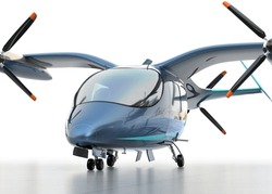 Close-up View Of Electric VTOL Passenger Aircraft On White Background. Urban Passenger Mobility Concept. 3D Rendering Image.