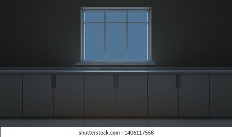 A Closeup View Of An Empty Kitchen Countertop Facing A Window Looking Outwards In The Night Time - 3D Render