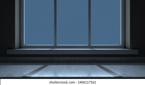 A Closeup View Of An Empty Kitchen Countertop Facing A Window Looking Outwards In The Night Time - 3D Render