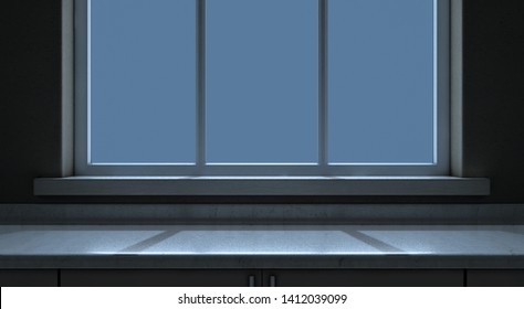 A Closeup View Of An Empty Kitchen Countertop Facing A Window Looking Outwards In The Night Time - 3D Render