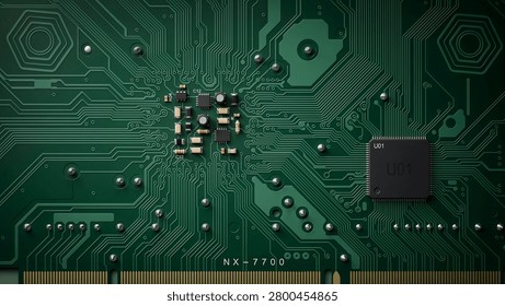 A close-up view of a green computer circuit board featuring microchips, gold connectors, and various electronic components, with a prominent NX-7700 label.