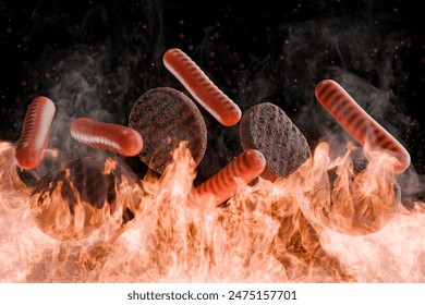 Close-up view of grilled sausages and burgers surrounded by flames and smoke, creating an intense barbecue scene. Concept of outdoor cooking and grilling. 3d rendering - Powered by Shutterstock