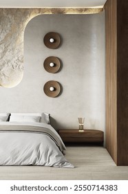 Close-up view of a large bed with white bedding, decorative wall, round sconces, wooden bedside table, against a backdrop of a rocky wall and travertine floor. 3D illustration