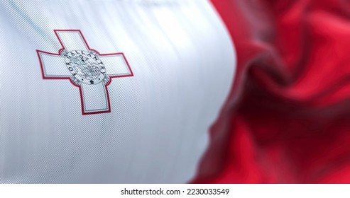 Close  up view the Maltese national flag waving in the wind  The Republic Malta is an island country in the Mediterranean Sea  Fabric textured background  Selective focus  3d illustration