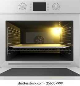 Close-up View Of Oven With Open Door And Empty Tray Inside. Food Preparing Concept