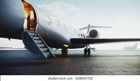 Vista del primo piano dell'aereo jet privato parcheggiato all'esterno e in attesa di uomini d'affari. Turismo di lusso e concetto di trasporto di viaggio d'affari. rendering 3d