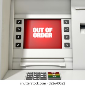 A Closeup View Of A Red Atm Screen That Reads Out Of Order 