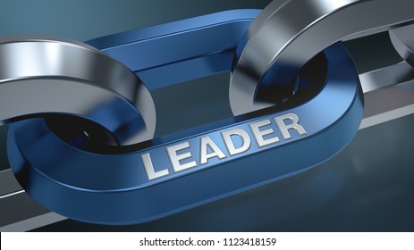 closeup view of a shiny chain with text, LEADER, concept of leadership (3d render)