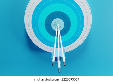Close-up view of the Target with embedded arrows. Archery target on a blue background. The concept of fulfilling the goal, striving to implement plans. 3D render, 3D illustration.