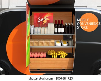 Close-up view of vending car's shelves. Promotion screen, foods, drinks and grocery on shelves. Mobile convenience store concept. 3D rendering image. - Powered by Shutterstock