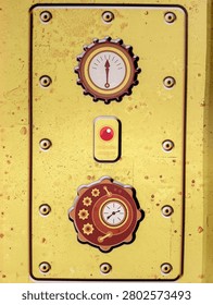 A close-up view of a vintage-style control panel featuring two circular gauges with needles and a central red button, set on a riveted metallic surface.