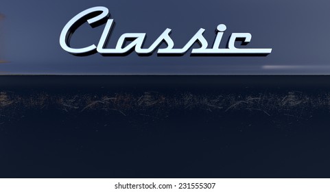 A closeup view of the word classic writting as a chrome emblem in a retro font set on a car painted in reflective black paint