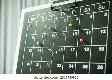 Closeup of a wall calendar with colorful pins marking important dates. Planning and scheduling concept in an office setting. 3D Rendering - Powered by Shutterstock