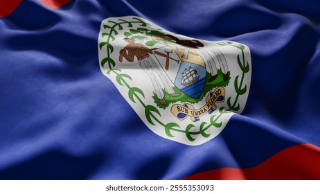 Close-up of Waving Belize flag, suitable for patriotic designs, Independence Day celebrations, or travel materials