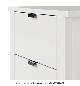 Close-up a white bedside table with two drawers, black pull handles, and tapered legs, blending minimalist design and practical storage for modern interiors. Isolated on white background. 3d render.