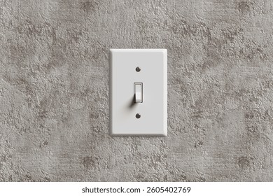 Close-up of a white light switch on a textured concrete wall, switching from off to on position. 3D render.