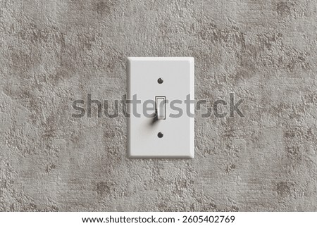 Close-up of a white light switch on a textured concrete wall, switching from off to on position. 3D render.
